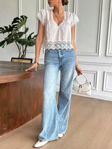 Serisse Women's Casual Striped Lace Patchwork Blouse, Summer - Apricot - View 6