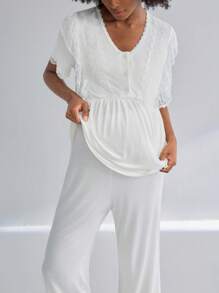 Moonlight&Mama Set de pijama de maternidad de manga corta con botones y encaje, 2 paquetes, conjunto de ropa de estar en casa y ropa de dormir de moda - Blanco - Ver 3