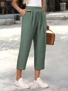 EMERY ROSE Pantalon court décontracté pour femmes, taille élastique, poches latérales, couleur unie. Pantalon d'été, vêtements d'automne pour femmes - Vert - Voir 1