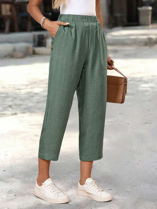 EMERY ROSE Damen Lässig einfarbige Hose mit elastischem Bund, Seitentaschen und Caprilänge