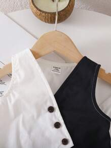 TaviRue Babygirl 夏季都市优雅黑白拼布吊带背心和宽松腰连衣裙 2 件套 - 黑與白 - 查看 5