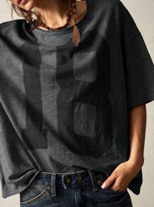 Bohemela Camiseta de manga corta holgada de cuello redondo de punto de unicolor informal lavada de talla grande - Negro - Ver 9