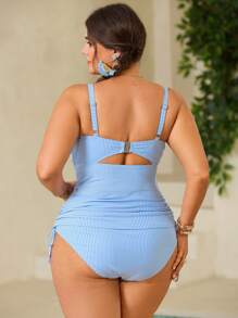 Swim Mod Plus Size Women Drawstring Backless Tankini Swimsuit Set, Beach Outfit For Summer Beach Vacation