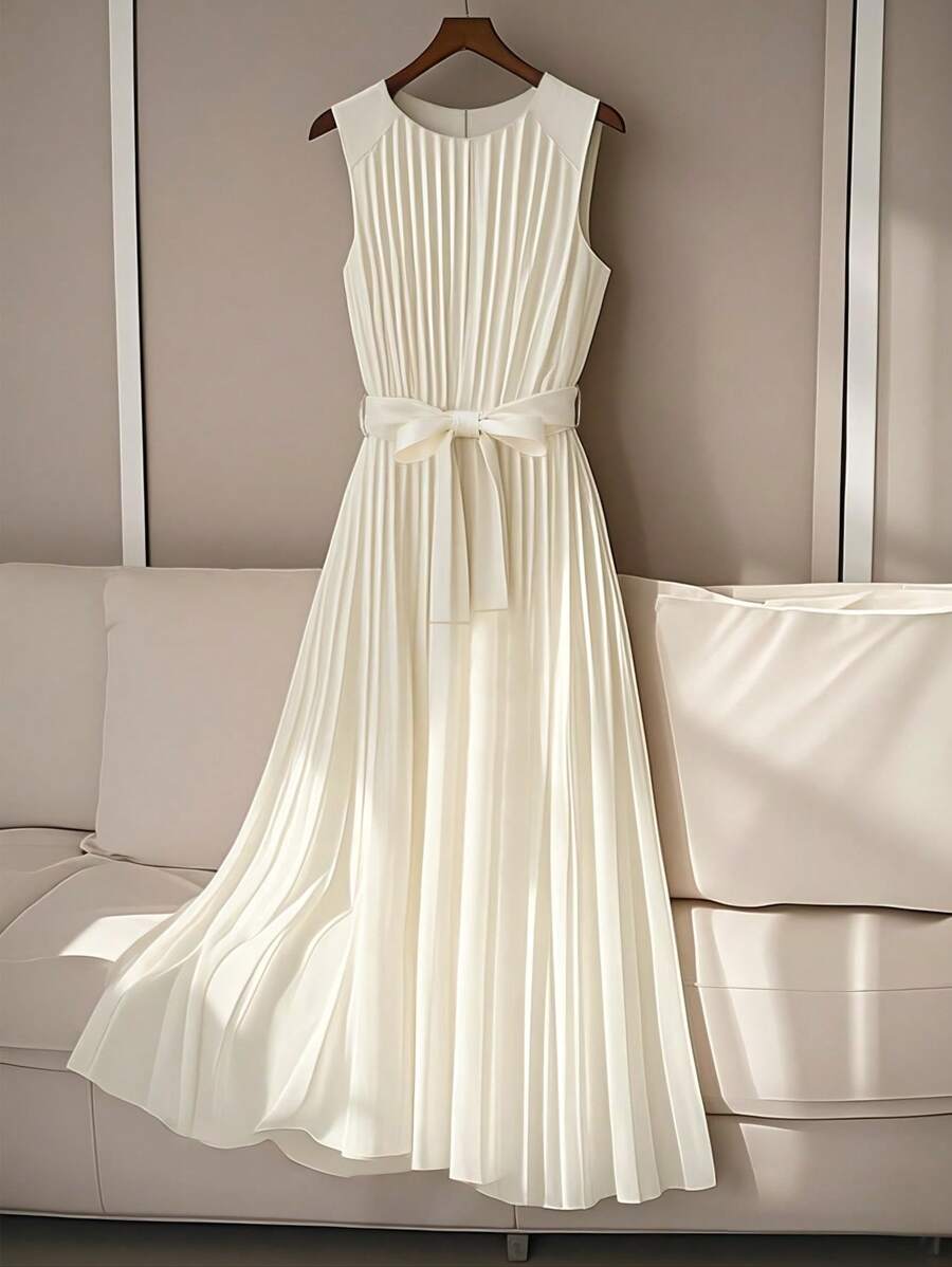 Elenzga Vestido midi plisado de cuello redondo sin mangas con cintura anudada y estilo minimalista, adecuado para citas en primavera/verano
