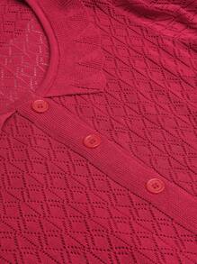LanaWest Cárdigan de manga corta de punto con diseño calado y unicolor casual para vacaciones para mujeres - Rojo - Ver 5