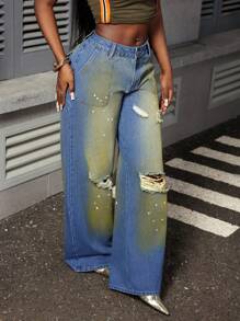 Slaydiva 女式撞色破口袋阔腿休闲牛仔裤