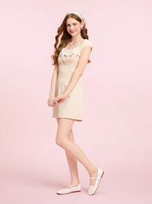 CUCCOO DOLLMOD Women's Round Toe Low Heel Beige Woven Mesh Fabric Chic Minimalist Buckle Strap Flats