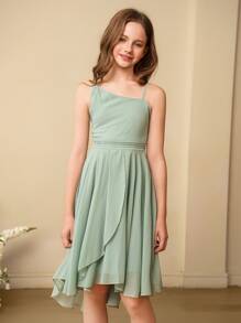 SHEIN Girls' Elegant Minimalist Asymmetrical Shoulder High Waist Mid-Length Asymmetrical Hem Chiffon Green Dress, Suitable For Summer