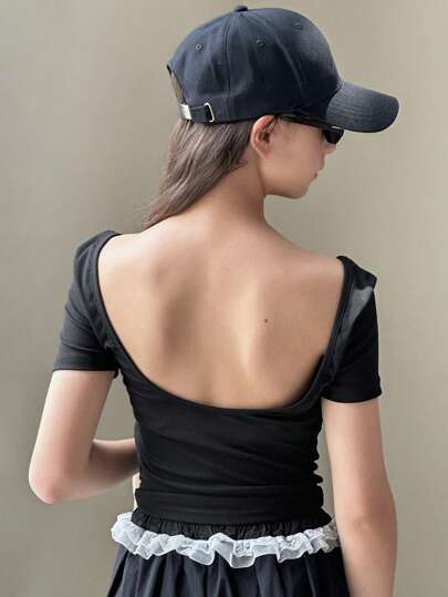 DAZY 少女纯色圆领时尚短袖T恤，适合夏季、返校服装