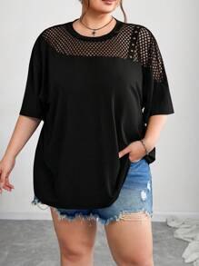 SHEIN CURVE+ 大码网眼拼接宽松不对称领口 T 恤，春夏/大码 T 恤/图案 T 恤 - 黑色 - 查看 4