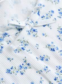SHEIN Girlism Maglietta a maniche corte aderente in maglia a coste con fiori vintage per ragazze adolescenti, adatta per vacanze e uso domestico