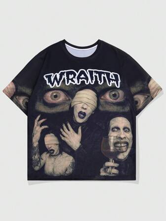 Street Life Men's Horror Print Round Neck Drop Shoulder Short Sleeve T-Shirt, Summer