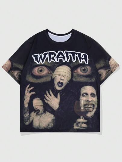 Street Life Men's Horror Print Round Neck Drop Shoulder Short Sleeve T-Shirt, Summer