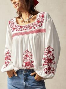 Bohemela Blusa casual de vacaciones con mangas acampanadas y bordado floral, estilo retro para mujer de talla grande - Blanco - Ver 5