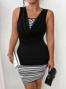 SHEIN LUNE Plus Size Women Mock-Layer Draped Neck Sleeveless Dress, Color Block Black & White Stripes - Black and White - View 8