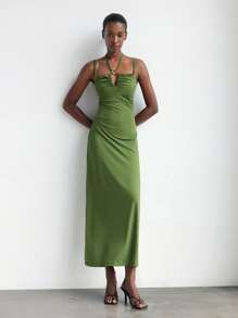 Maija Vestido de verano verde con espalda abierta para mujer, vestido maxi elegante y sencillo con tirantes cruzados, cola de gallo sin espalda, elegante, para fiesta, graduación profesional de damas y verano casual, Formal Vestido para fiestas/danza, outfit de cumpleaños