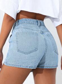SHEIN PETITE Women's Asymmetrical Design Washed Denim Shorts For Summer - Blue - View 2
