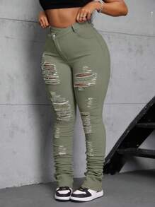 SHEIN SXY Quần Jeans Co Giãn Màu Hồng Co Giãn Không Đối Xứng Cỡ Lớn Cho Nữ - màu xanh lá - Xem 3