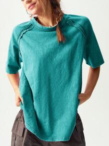 Bohemela 女士休闲纯色针织圆领短袖宽松水洗T恤 - 藍色 - 查看 6