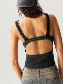 Bohemela 女士纯色针织V领修身短款上衣，休闲夏季度假风 - 黑色 - 查看 5