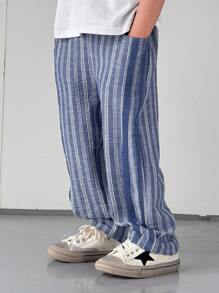 SHEIN 1 条儿童休闲条纹抽绳腰宽松裤，百搭，适合派对、旅行、日常聚会、所有季节 - 藍色 - 查看 2