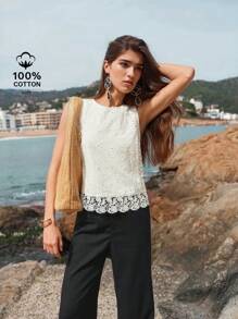 MOTF PREMIUM Kontrastierendes Spitzen-Stickerei-Trägershirt - Weiss - Übersicht 8