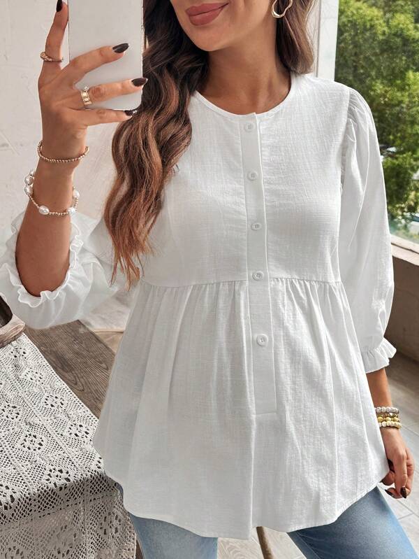 SHEIN Camicia casual da maternità a maniche lunghe con collo tondo, di colore unito