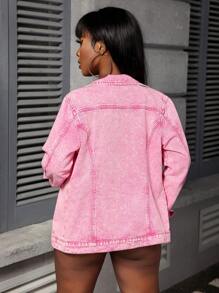 Slaydiva Washed Pink Denim Jacket, Casual For Spring/Autumn - Pink - View 3