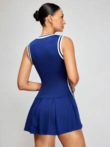 Activina Women Striped V-Neck Pleated Short Casual Sleeveless Sports Dress With Leggings For Daily Wear & Tennis Dressathletic Dress - Navy Blue - View 2
