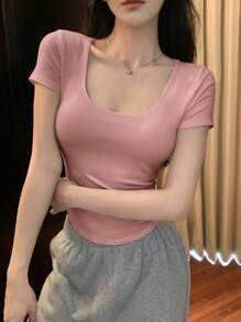 DAZY Women Casual Solid Color Round Neck Pleated Simple Fitted T-Shirt, Summer - Dusty Pink - View 3