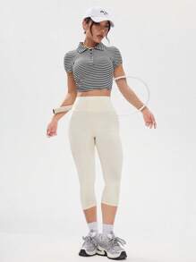 女式夏季休闲条纹短款运动 Polo 衫 - 白色 - 查看 5