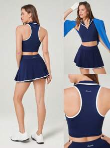 GLOWMODE Endorphin Flow Quick-Dry Polo Collar Contrast Color Top Low Impact Tennis Golf Pickleball Daily Wear Removable Cups - Dark Blue - View 7