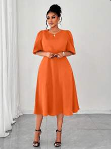 Maweii Plus Size Women Woven Puff Sleeve Orange Dress - Orange - View 1