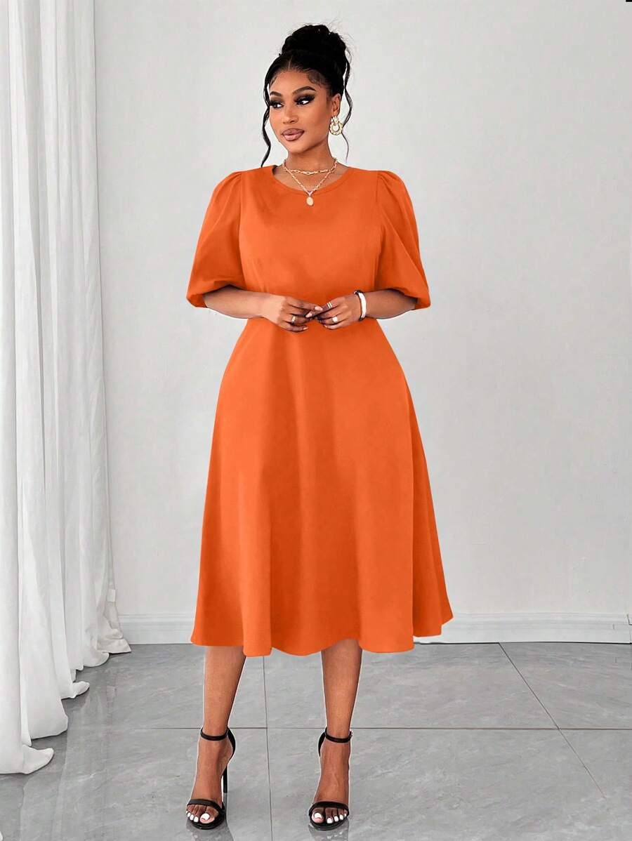 Maweii Plus Size Women Woven Puff Sleeve Orange Dress - Orange - View 1