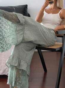 DAZY Pantalón de pijama con volantes y encaje de patchwork de lino para mujer