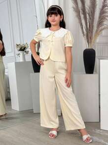 2pcs Girls Outfit: Pale Pink Peplum Top With Wide-Leg Pants - Apricot - View 6