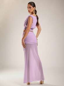 Silquee Women's Elegant Summer Pink And Purple See-Through Skirt With A Drop Neck And Off-Shoulder Top With Asymmetric Design, Pleated Two Pieces Suit, Suitable For Seaside Vacation And Graduation