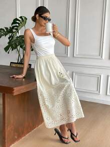 SHEIN Frenchy Váy chắp vá thêu rỗng màu trơn thường ngày mùa hè cho nữ - Màu be - Xem 3
