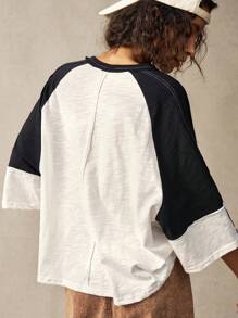 Bohemela Maglietta casual oversize taglie comode, maglia a blocchi di colore con scollo tondo e maniche a raglan