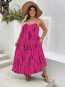SHEIN CURVE+ 大码树印花细肩带露背宽松舒适连衣裙，适合度假和海滩女士海滩装/沙滩裙/海滩度假装/海滩必备品/毕业/茶会礼服，太阳裙夏季/乡村/海滩度假装/海滩装/沙滩装 - 玫紅色 - 查看 8