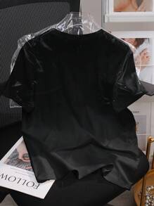 SHEIN 大码女式夏季精致蝴蝶结、铆钉和亮片装饰 T 恤 - 黑色 - 查看 2