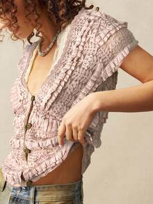 Bohemela Áo cánh tay ngắn cổ chữ V màu trơn vừa vặn cho nữ Áo ren cho nữ Áo móc cho nữ Áo dệt kim cho nữ Áo mùa hè cho nữ Áo ren cho nữ - Hồng - Xem 3