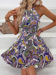 Breezaya Paisley Print Halter Neck Dress Vacation Beach Outfits Women - Multicolor - View 5