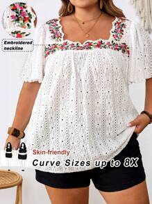 SHEIN CURVE+ 大码方领简约时尚上衣，适合夏季海滩穿着，女士/海滩/海滩度假/海滩必备/毕业典礼/下午茶派对/夏季/乡村 - 白色 - 查看 1