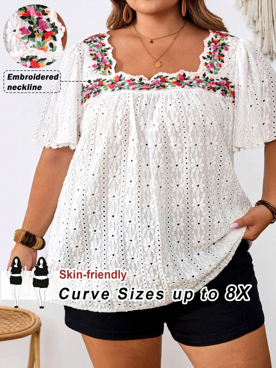 SHEIN CURVE+ 大码方领简约时尚上衣，适合夏季海滩穿着，女士/海滩/海滩度假/海滩必备/毕业典礼/下午茶派对/夏季/乡村 - 白色 - 查看 1