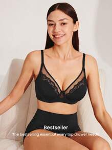 LUVLETTE Woman Lingerie Lounge Curve Sheer Full Coverage Support&Breathable Underwire Sexy Unlined Black Lace Elegance & Mesh Minimizer Bra Bridal Intimates
