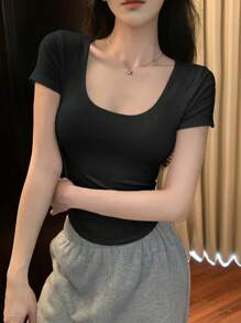 DAZY 女士休闲纯色圆领修身T恤 - 黑色 - 查看 3