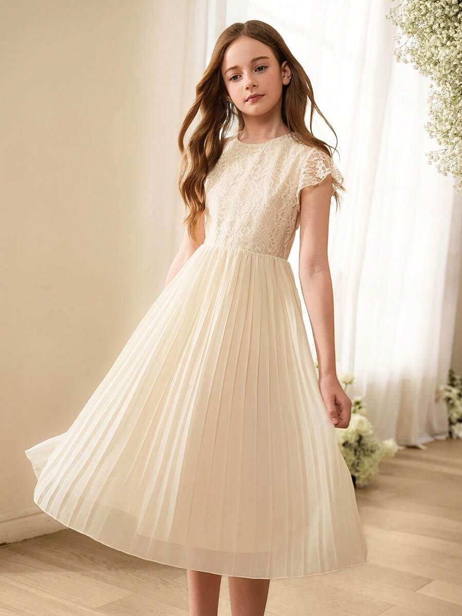 SHEIN Tween Girls' Lace Chiffon Princess Dress Pleated Sweet Flower Girl Wedding Gown