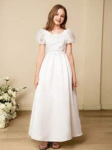 Tween Girl 优雅白色蝴蝶结方领中长款派对礼服，适合晚会、庆典、生日、婚礼、花童、圣诞节、万圣节、感恩节 - 白色 - 查看 6