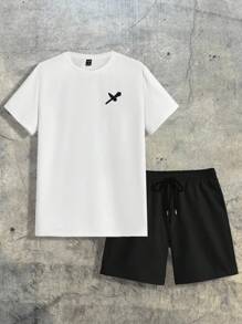 AXEPEAK Men's Summer Cartoon Letter Print Round Neck Short Sleeve Casual T-Shirt And Drawstring Waist Shorts Set, Streetwear Edition